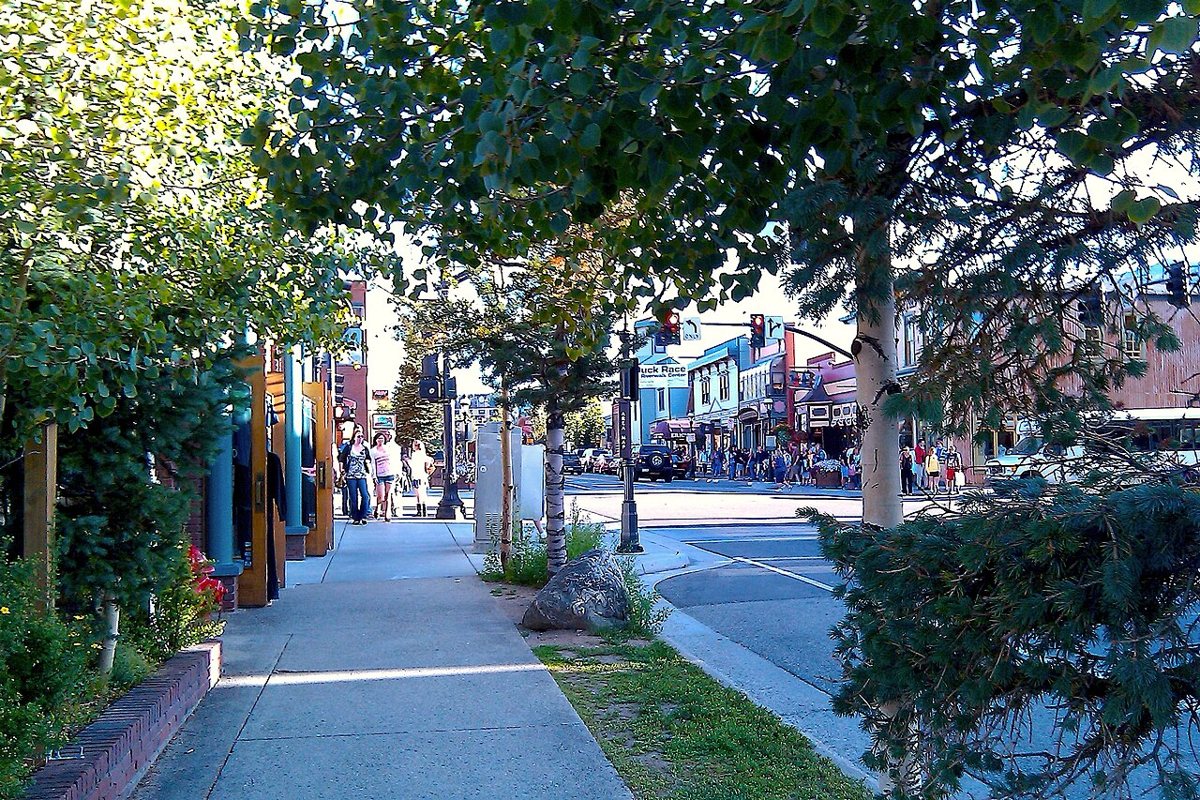 Breckenridge Colorado main street with mountain backdrop in summer