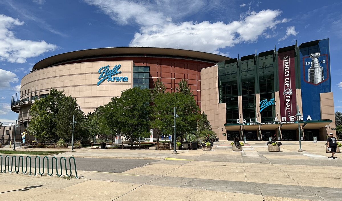 Ball Arena exterior in Denver at night