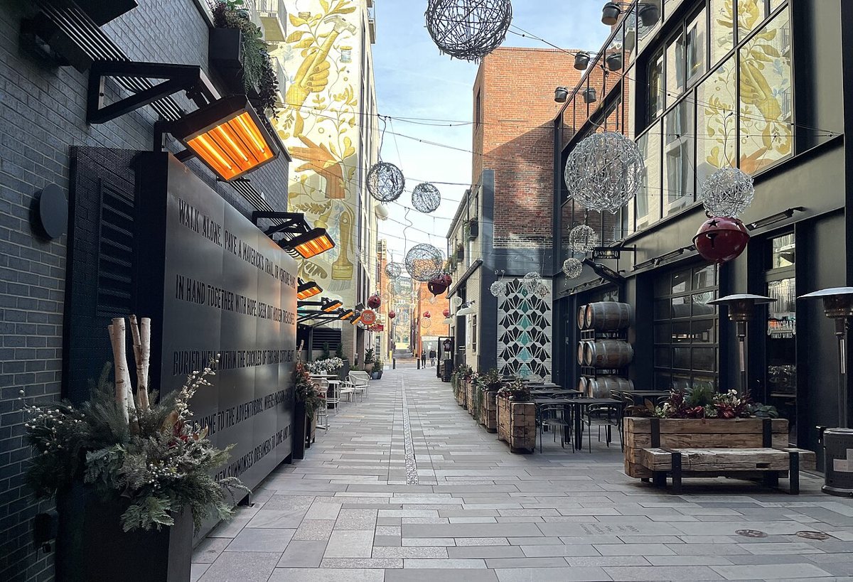 Dairy Block alley with string lights and shops in Denver