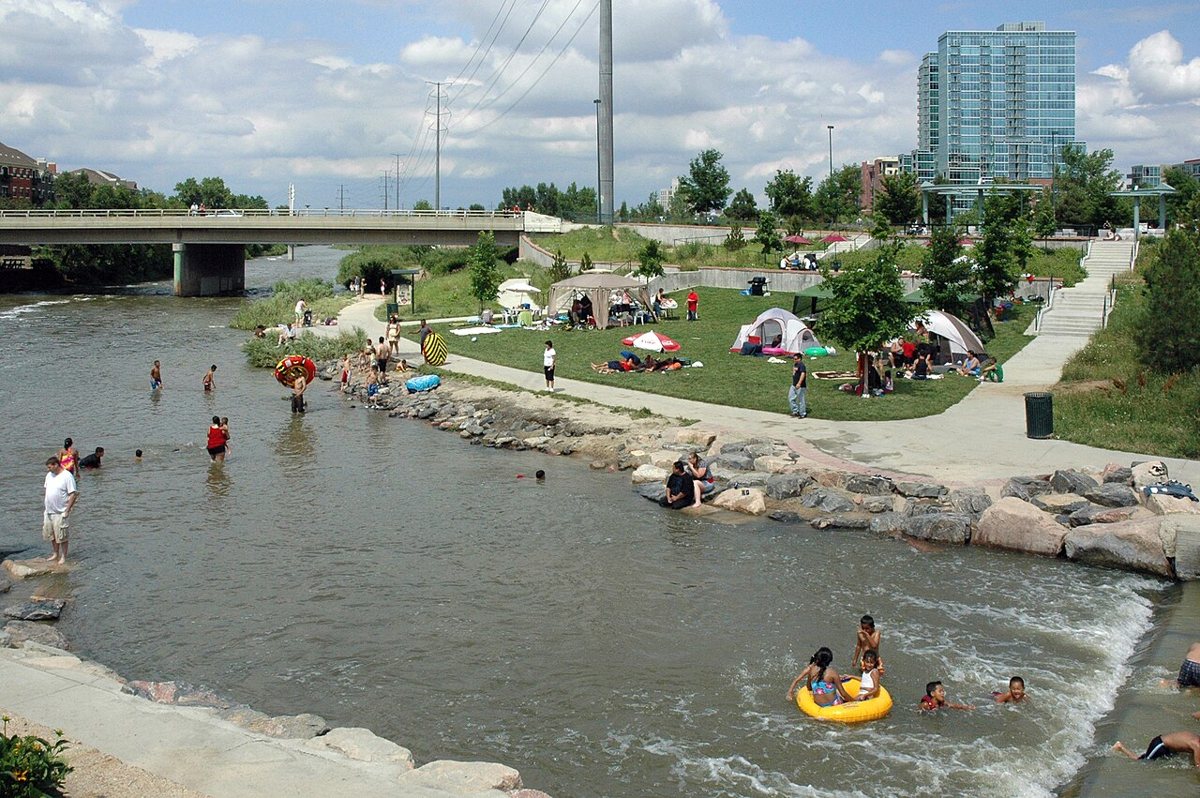 Confluence Park South Platte River with kayakers in Denver