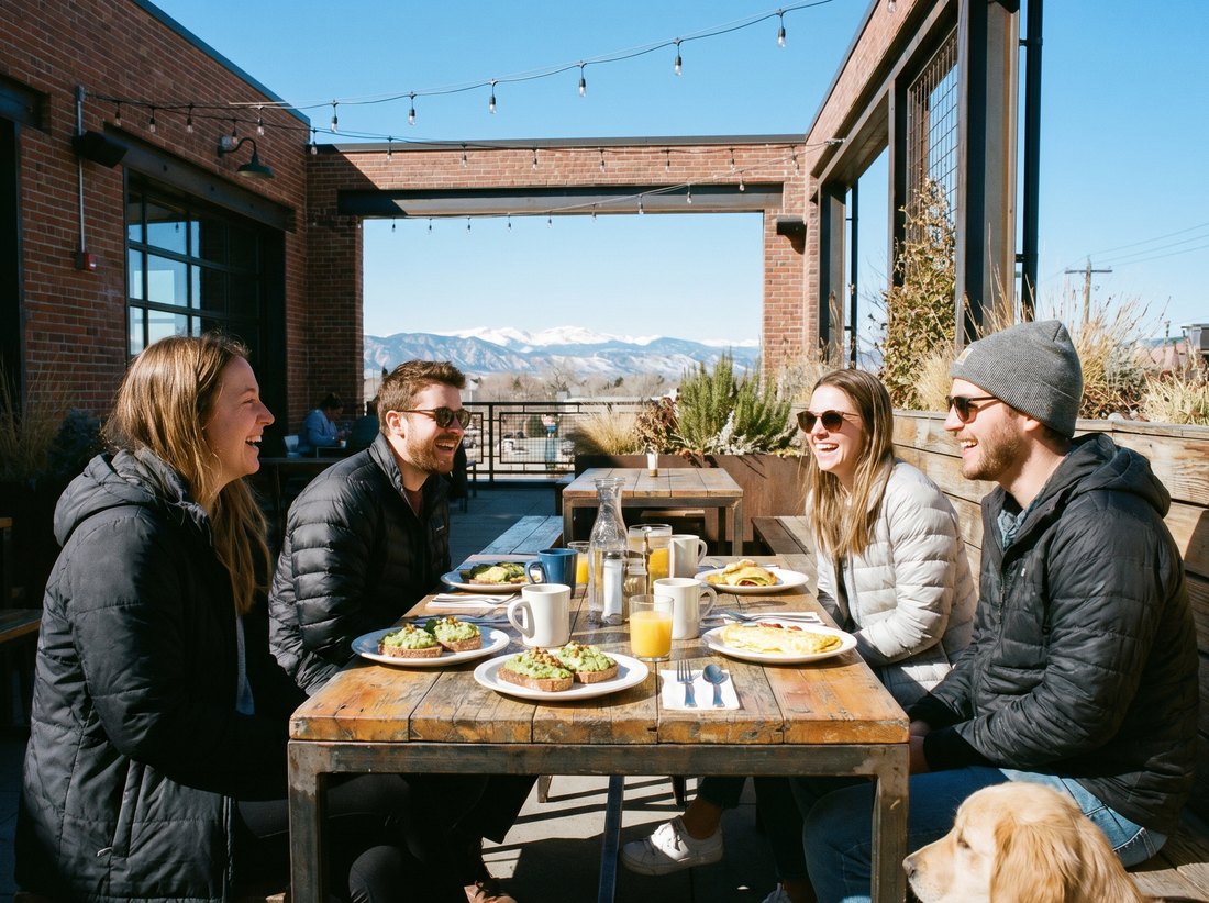 A weekend brunch on a Denver patio with the Rocky Mountain foothills on the horizon